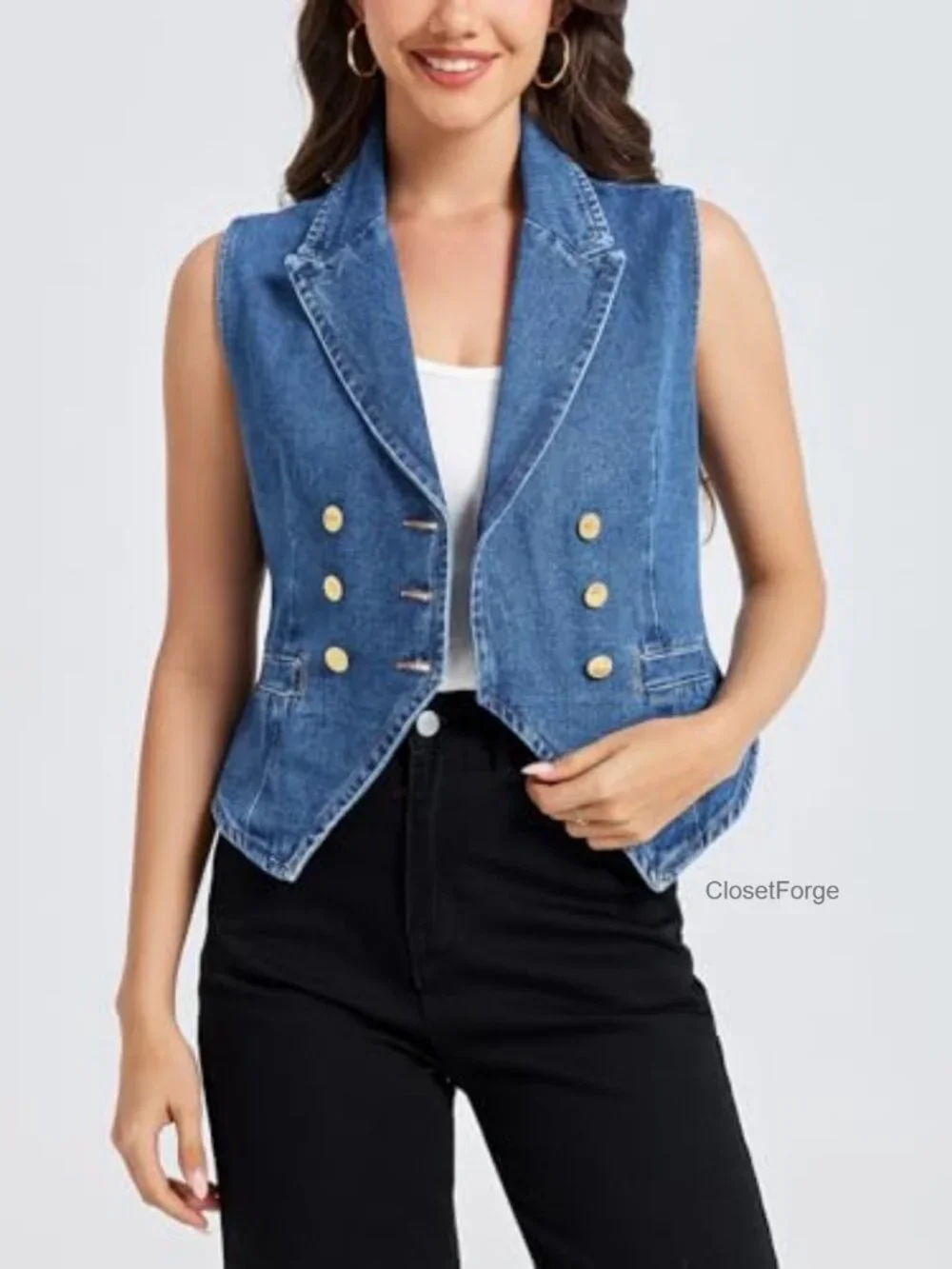 Slim Fit Sleeveless Denim Vest with Lapel Collar and V Hem